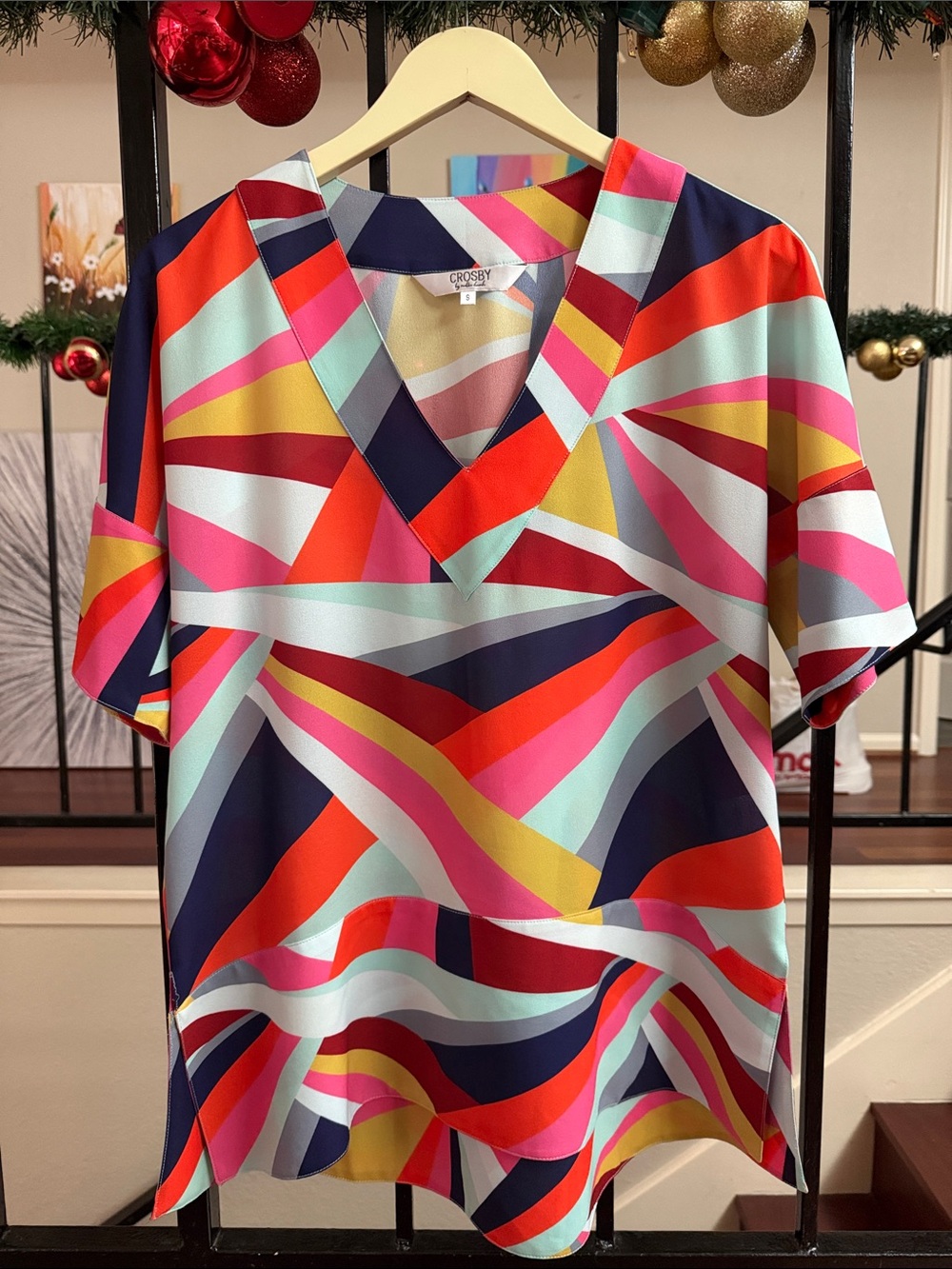 crosby. Bright Multicolor V-Neck Short Sleeve Blouse